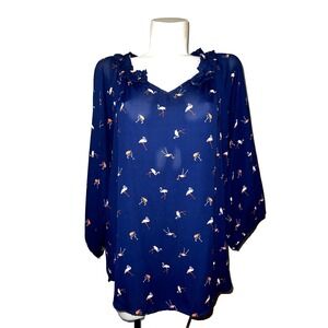 Reneec. Navy Blue Flamingo Print Ruffle V-Neck Blouse 3/4 Sleeve Top Size 1X